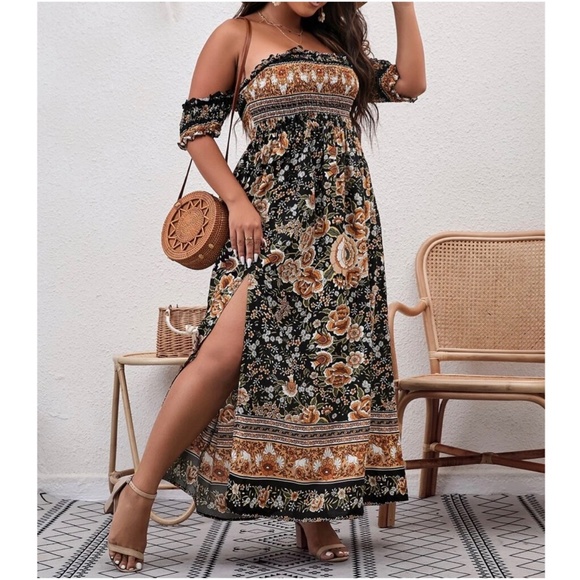 Boho Plus Floral Print Off Shoulder Maxi Dress - Picture 5 of 8